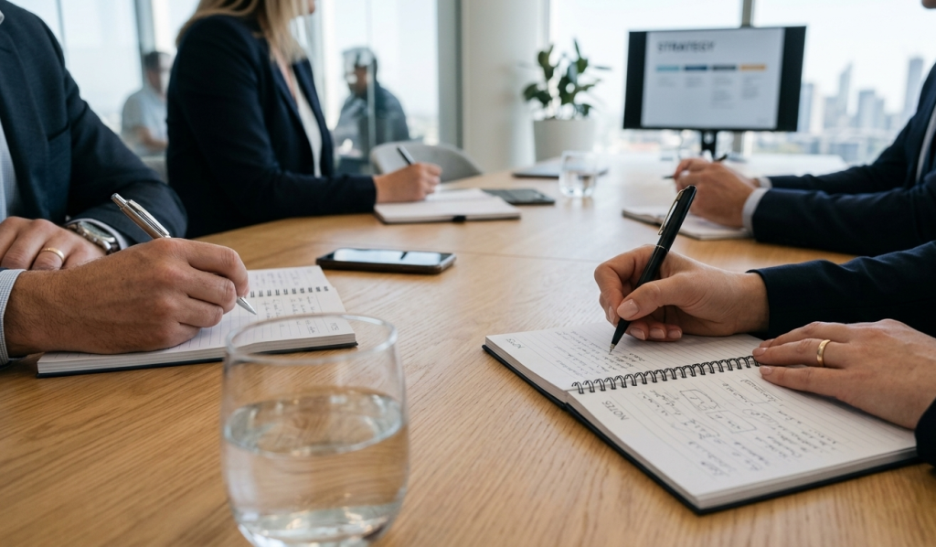Formation professionnelle en entreprise avec participants prenant des notes en réunion