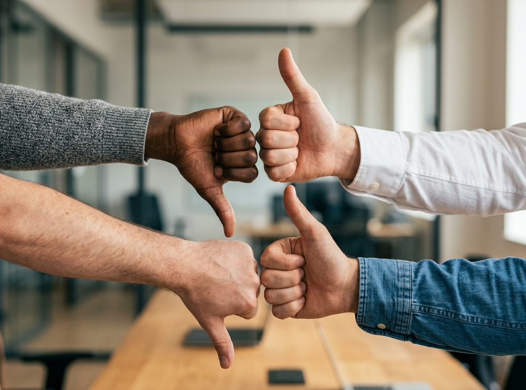 Des collaborateurs échangent leurs opinions avec des gestes de pouces levés et baissés lors d’une réunion en entreprise.