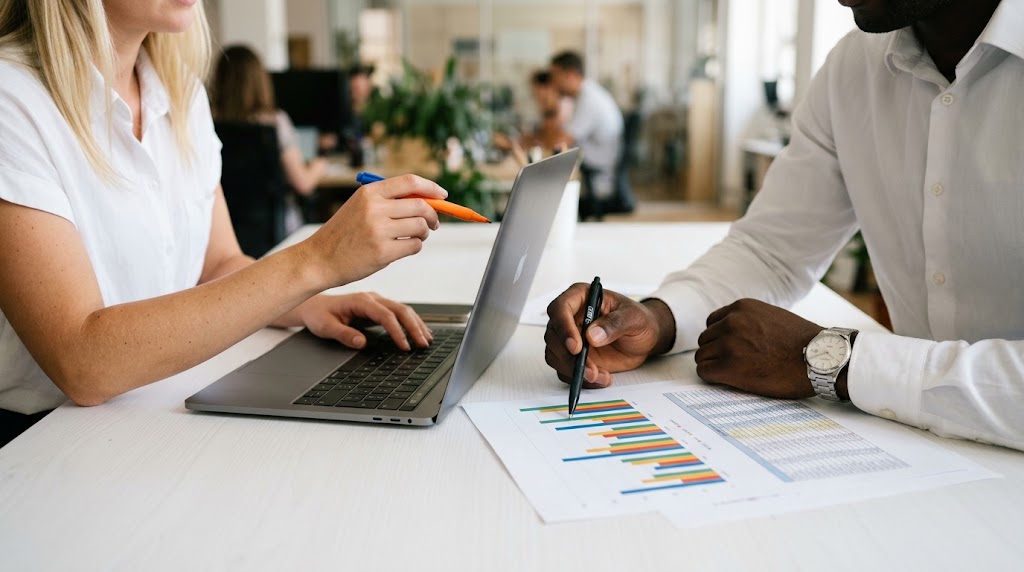 Une équipe en plein suivi de projet et analyse des indicateurs clés de performance (KPI).